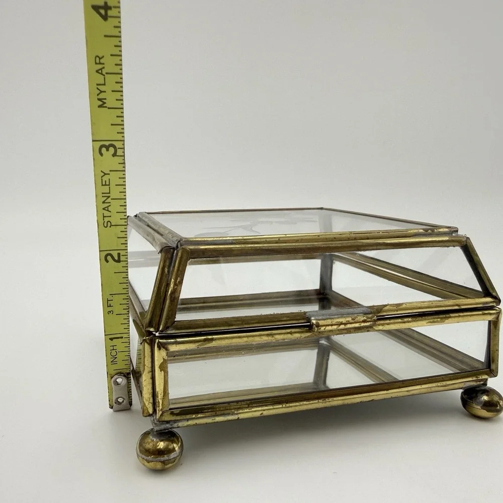 Mirrored Glass Jewelry Box Brass Trinket Etched Flower Lid Storage Display 4x4x2